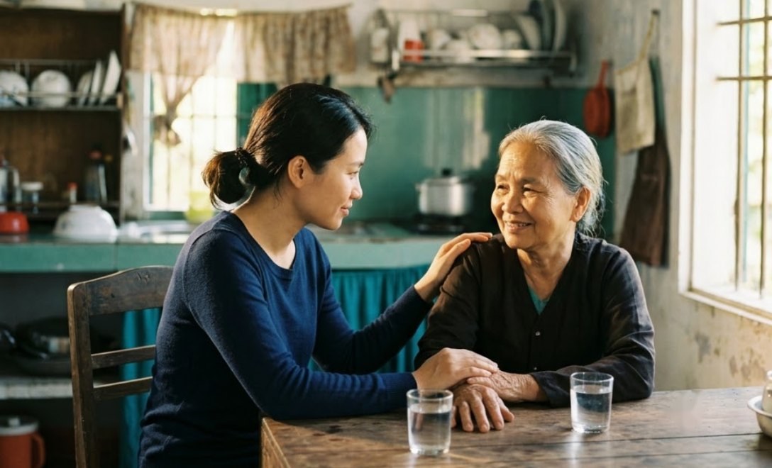 Người con gái đặt tay lên vai mẹ, hai mẹ con mỉm cười trò chuyện bên bàn bếp, trên bàn có hai cốc nước lọc