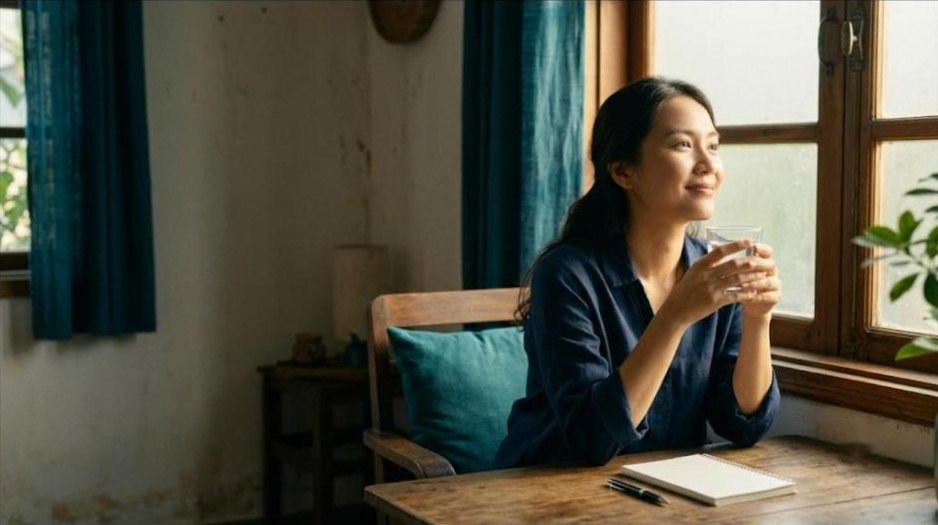 Người phụ nữ cầm cốc nước lọc, nhìn ra cửa sổ, mỉm cười