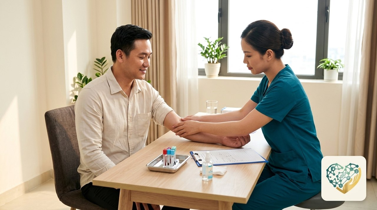 Điều dưỡng lấy máu xét nghiệm cho một người đàn ông trong phòng lấy mẫu ấm áp