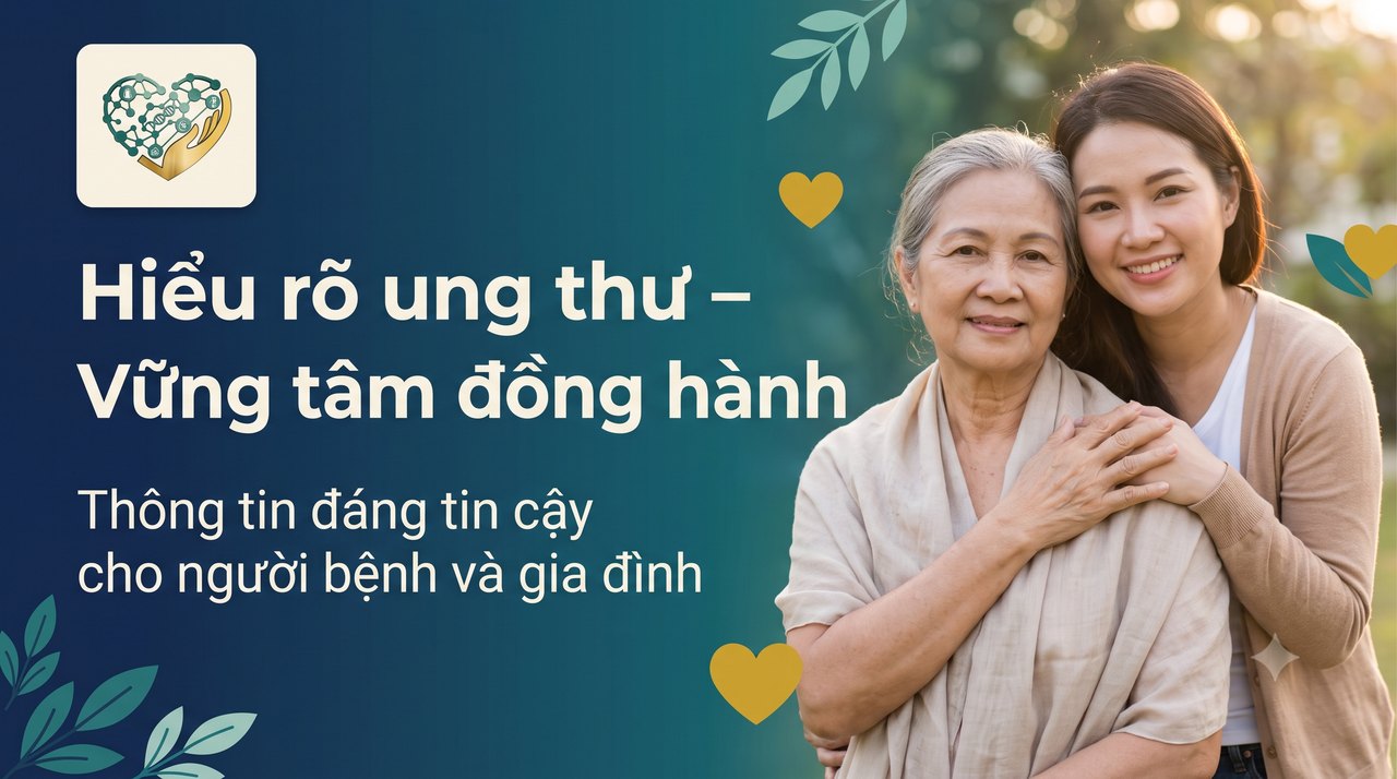 Banner chiến dịch Hiểu rõ ung thư – Vững tâm đồng hành: người mẹ lớn tuổi và con gái ôm nhau, mỉm cười