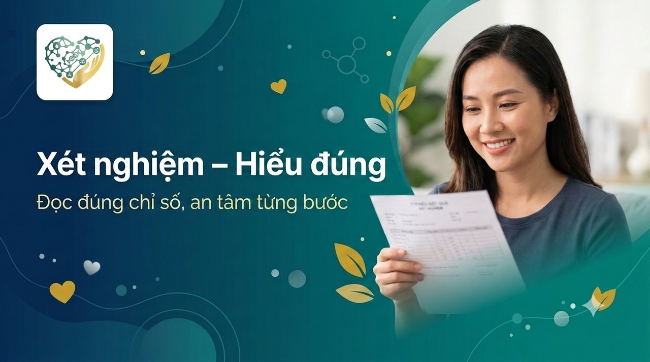 Banner chiến dịch Xét nghiệm – Hiểu đúng: người phụ nữ mỉm cười đọc phiếu kết quả xét nghiệm